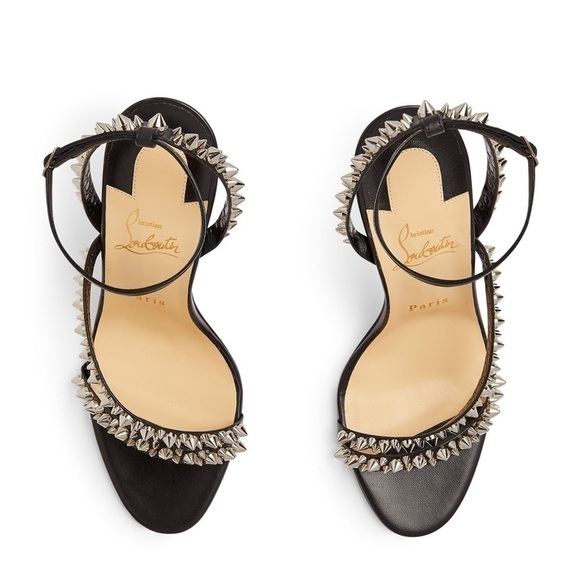 CHRISTIAN Louboutin Mafaldina 100mm silver spikes sandals EU38.5 Napa black lthr - Picture 3 of 12